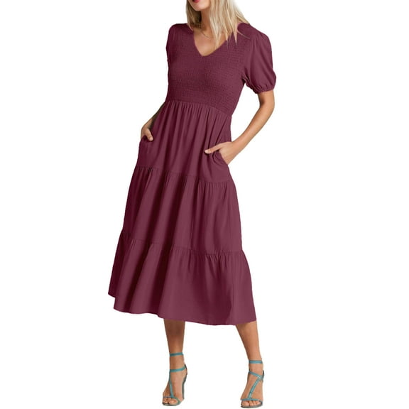 SANOPY Women's Smocked Flutter Short Sleeve Midi Dress Summer V Neck Pleated Layered Dress Fuchsia S