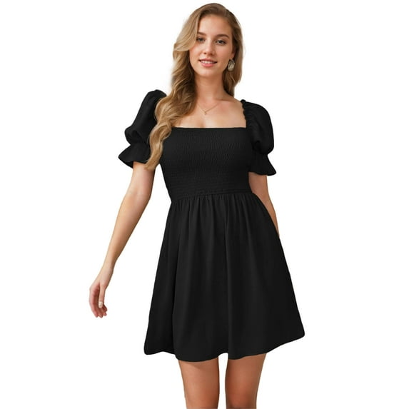 SANOPY Women's Square Neck Flounce Short Sleeve Shirred Ruffle Hem Dress