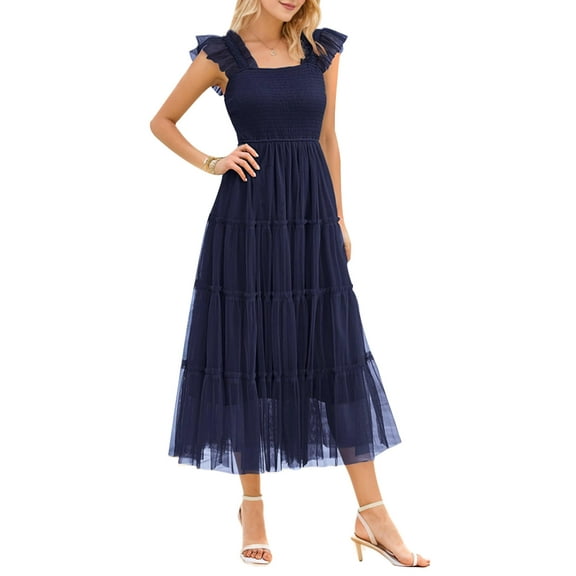 SANOPY Women's Square Neck Ruffle Sleeve Smocked Tulle Midi Dress, Elegant Tiered Mesh Dress Dark Blue XL
