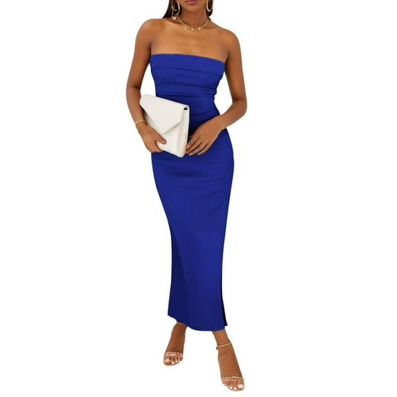 SANOPY Women's Summer Bodycon Maxi Tube Dress Ribbed Strapless Side Slit Long Going Out Casual Elegant Party Dresses