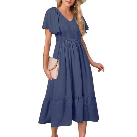 SANOPY Women's Summer Casual V Neck Ruffle Sleeve Smocked High Waist Midi Dress with Pockets