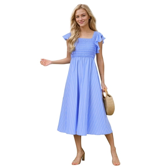 SANOPY Women's Summer Dress Square Neck Striped Smocked Dress Ruffled Cap Sleeves Dress A Line Maxi Formal Dress