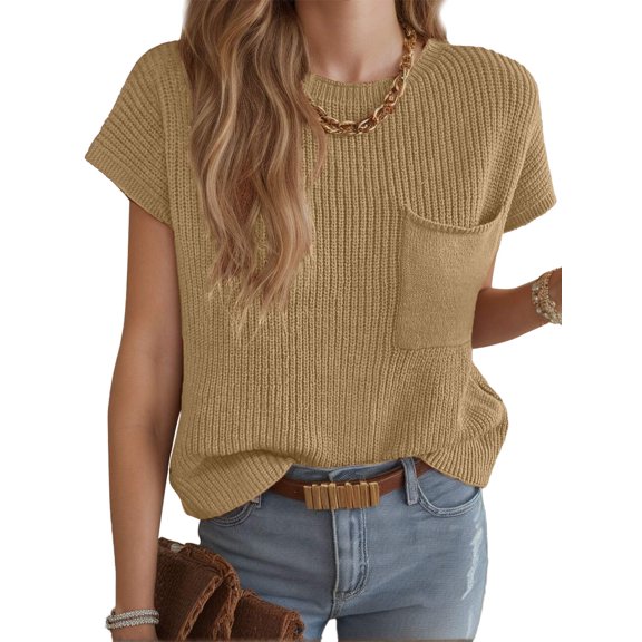SANOPY Women's Summer Fall Casual Short Sweater Top Crew Neck Short Sleeves Ribbed Knit Short Pullover Sweater Fashion Clothing with Front Pockets