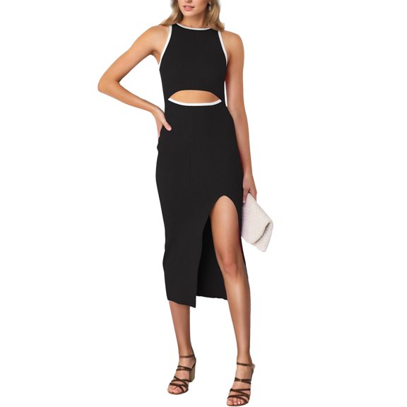 SANOPY Women's Summer Midi Bodycon Dresses Casual Crew Neck Side Slit Sleeveless Knit Cut Out Tank Top Dress Black XL