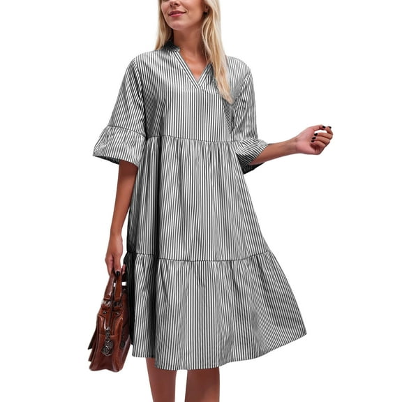 SANOPY Women's Summer Striped Babydoll Ruffle Mini Dress Casual Loose Fit Short Sleeve Tiered Party Dress
