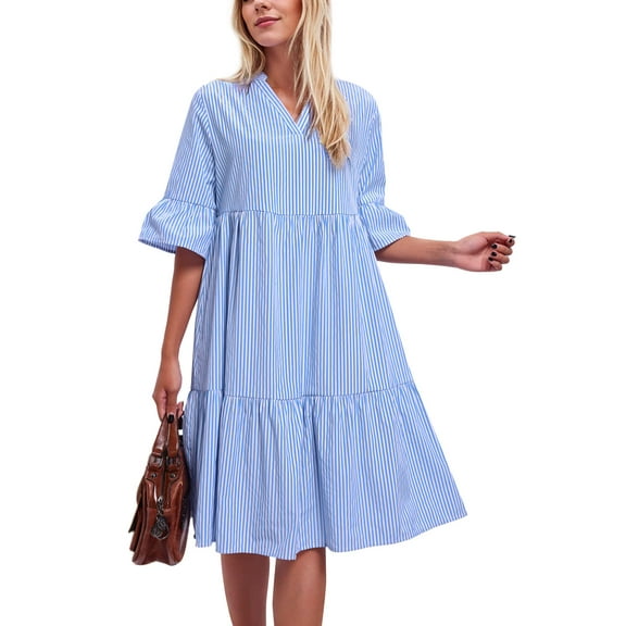 SANOPY Women's Summer Striped Babydoll Ruffle Mini Dress Casual Loose Fit Short Sleeve Tiered Party Dress