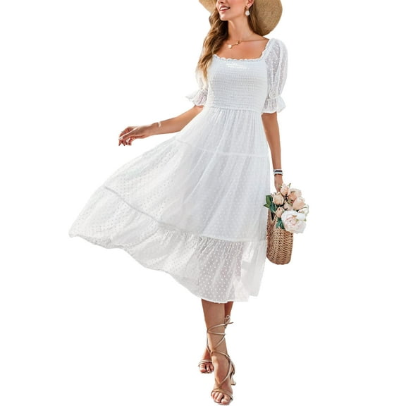 SANOPY Women's Summer Sweet Midi Dress Square Neck Puff Sleeve Boho Swiss Dot Ruffle Flowy Tie Back Dress Daily & Dating