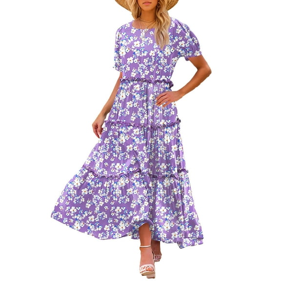 SANOPY Women's Summer Vacation Bohemian Floral Maxi Dresses Crew Neck Puff Short Sleeve Flowy Tiered Swing Long Maxi Dress with Pockets