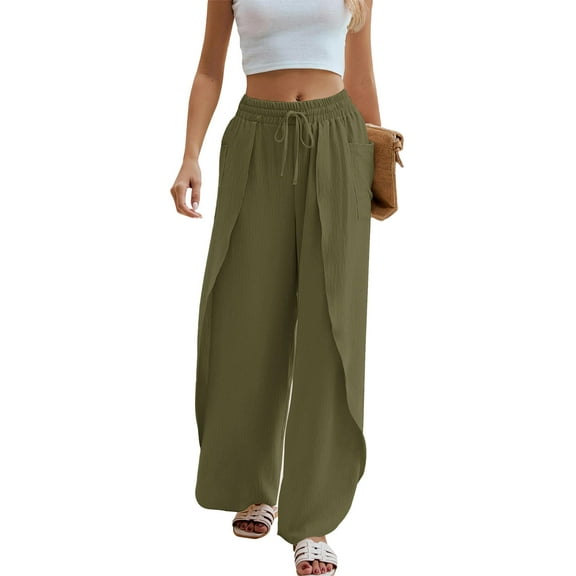 SANOPY Women's Summer Wide-Leg Pants Flowing Side Slit Wide-Leg Beach Pants Bohemian Style High-Waisted Trousers
