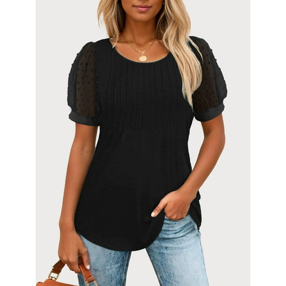 SANOPY Women's Swiss Dot Puff Sleeve Blouse – Pleated Front Casual & Dressy Versatile Top