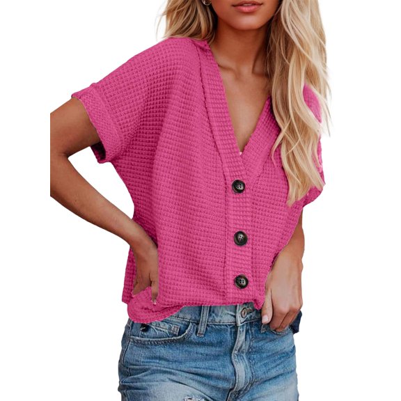 SANOPY Women's Tops Waffle Knit Button-Down Short Sleeve Shirt