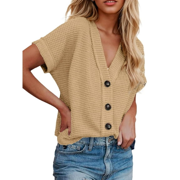 SANOPY Women's Tops Waffle Knit Button-Down Short Sleeve Shirt