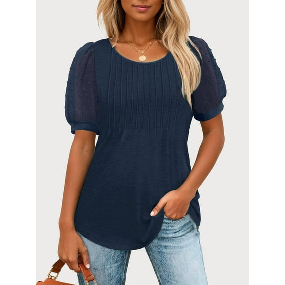 SANOPY Women's Trendy Swiss Dot Blouse – Puff Sleeve Pleated Front Casual & Dressy Wear