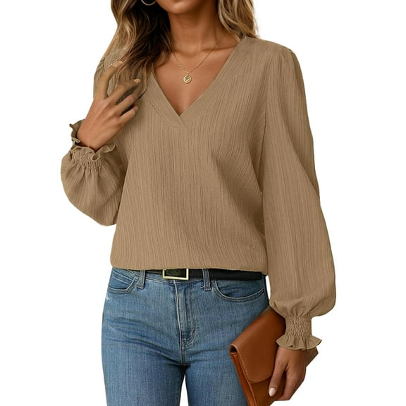 SANOPY Women's V-Neck Blouse with Puff Sleeves – Textured Casual Dressy Multi-Occasion Top