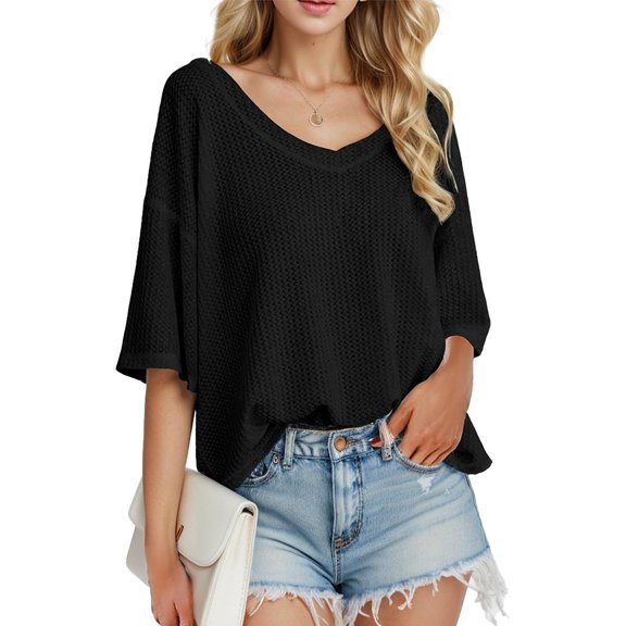 SANOPY Women's V Neck Long Sleeve Waffle Knit Tops Off Shoulder Oversized Pullover Sweater