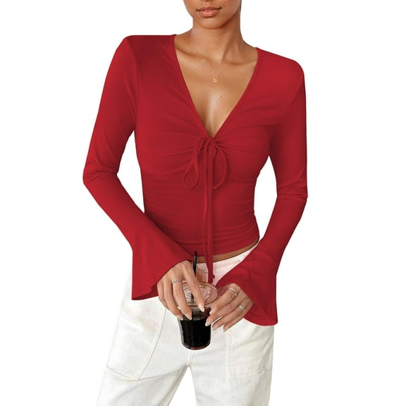 SANOPY Women's V-Neck Ruffled Self-Tie Belted Form-Fitting Bell Sleeve T-Shirt Blouse Casual Stretch Basic Top