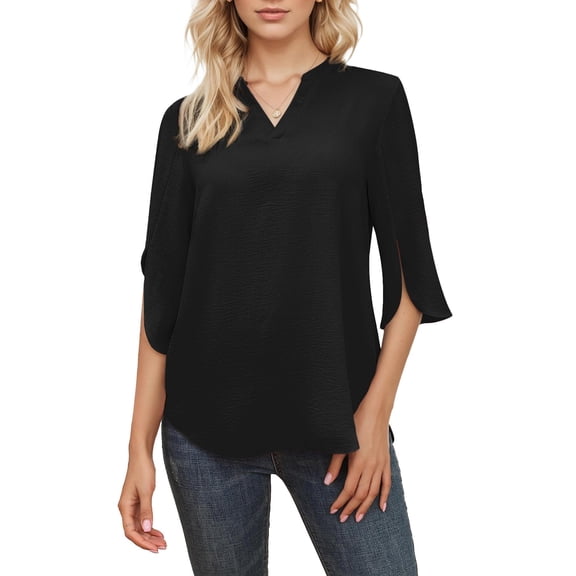 SANOPY Women's V-Neck Split Sleeve Blouse – 3/4 Sleeve Casual Dressy Office & Weekend Top