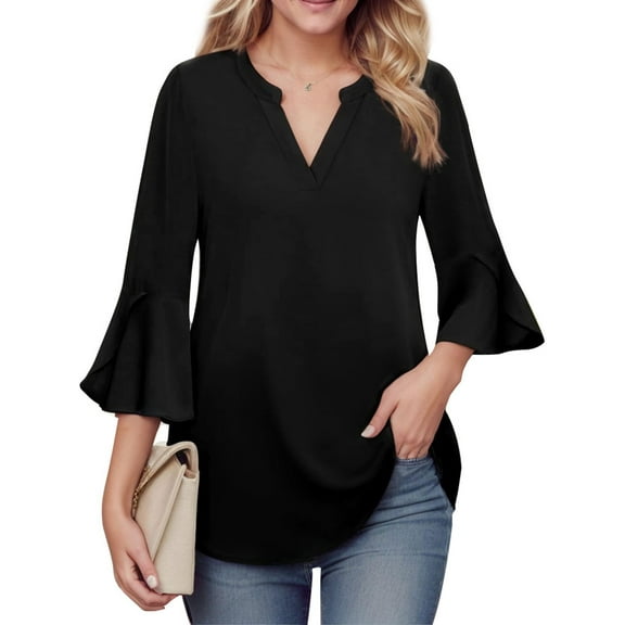 SANOPY Women's Versatile V-Neck 3/4 Bell Sleeve Blouse – Floral & Solid for Work & Play