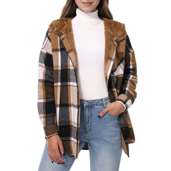 SANOPY Women's Warm Plaid Shacket Jacket - Fleece Hooded Long Sleeve Button Down Fall Winter Outerwear