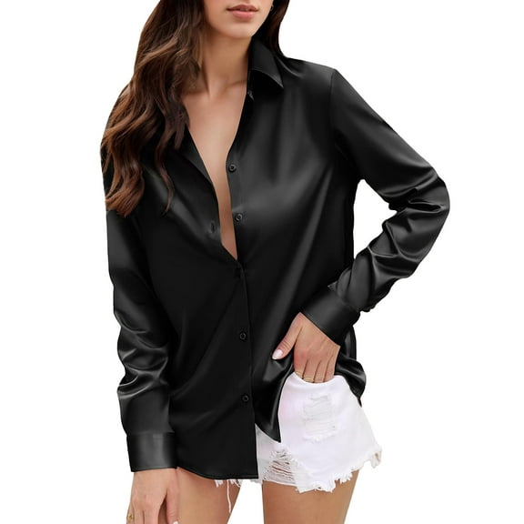 SANOPY Women's soft satin button-down shirt, silk long-sleeved work shirt