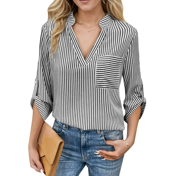 SANOPY Women's striped half-open collar rolled-sleeve business shirt