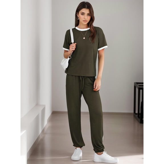SANOPY Womens 2 Piece Outfits Tracksuit Sets Short Sleeve Tops Travel Long Pants Jogger Lounge Set