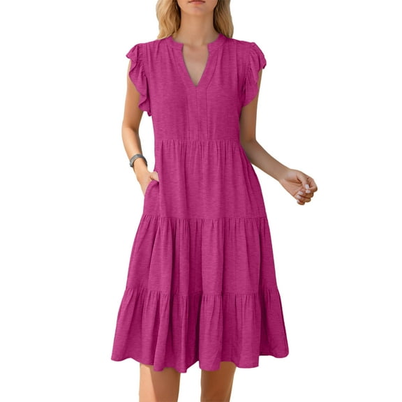 SANOPY Womens Basic Summer A-Line Dress V Neck Cap Sleeves Ruffle Hem Midi Dresses Fashion Casual Fit Flowy Tiered Boho Beach Vacation Sundress