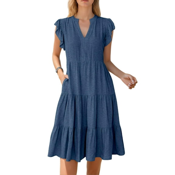 SANOPY Womens Basic Summer A-Line Dress V Neck Cap Sleeves Ruffle Hem Midi Dresses Fashion Casual Fit Flowy Tiered Boho Beach Vacation Sundress