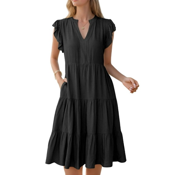SANOPY Womens Basic Summer A-Line Dress V Neck Cap Sleeves Ruffle Hem Midi Dresses Fashion Casual Fit Flowy Tiered Boho Beach Vacation Sundress