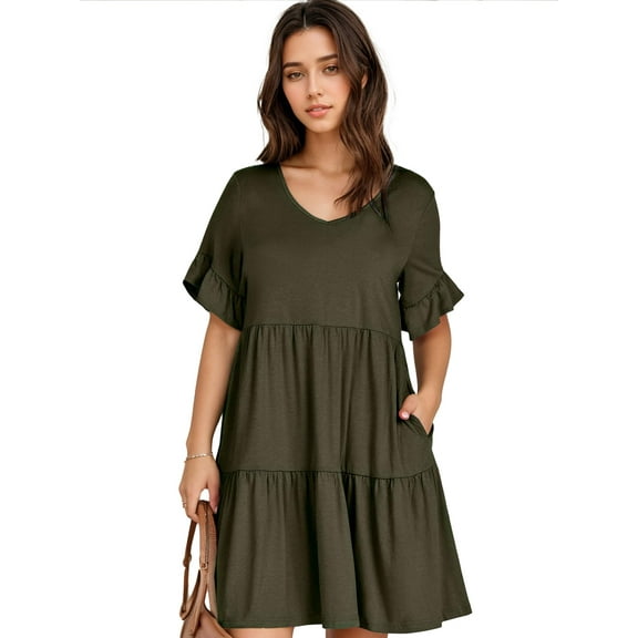 SANOPY Womens Basic Summer Casual Mini Dresses A-Line Babydoll Dress Short Sleeves V-Neck Flowy Tiered Swing T-shirt Dress
