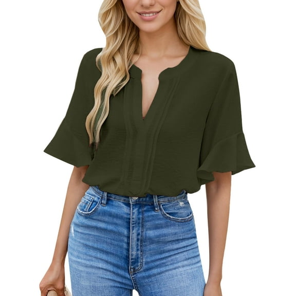 SANOPY Womens Blouses Chiffon Ruffle Short Sleeve Business Casual Tops