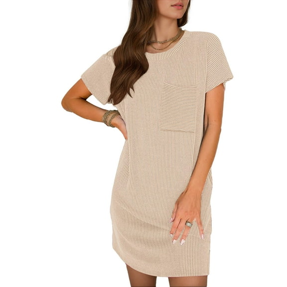 SANOPY Womens Casual Summer T-shirt Mini Dress Crewneck Short Sleeve Pocket Front Design Ribbed Fabric Straight Short Dress