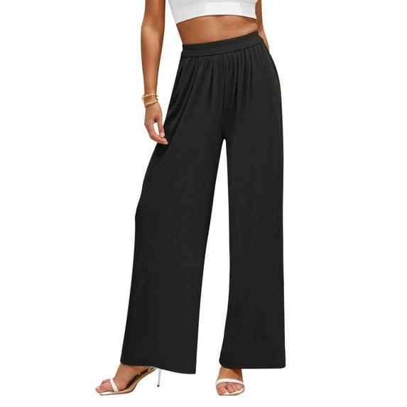 SANOPY Womens Casual Wide Leg Pants Loose Summer Fall Clothes Pleated Elastic Waist Loose Palazzo Knit Trousers with Pockets