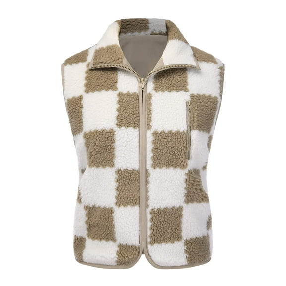 SANOPY Womens Checkered Sherpa Vest Fleece Fuzzy Zip Up Sleeveless Jacket Casual 2025 Winter Warm Outwear