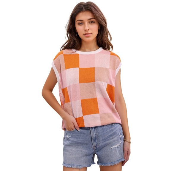 SANOPY Womens Chic Cap Sleeve Crop Knit Tops Summer Color Block Going Out Crew Neck Knit Trendy Casual Sweater