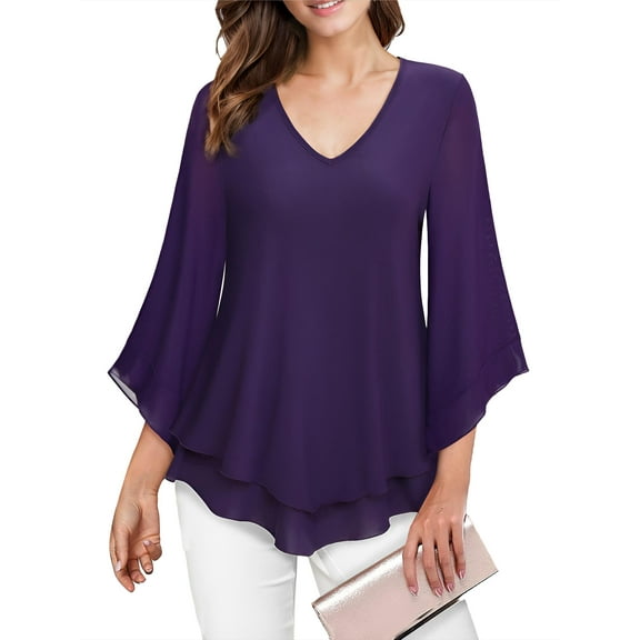 SANOPY Womens Dressy Blouse V-Neck Shirt Ruffle 3/4 Flared Sleeve Tunic Tops