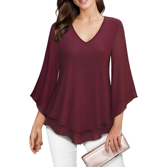 SANOPY Womens Dressy Blouse V-Neck Shirt Ruffle 3/4 Flared Sleeve Tunic Tops