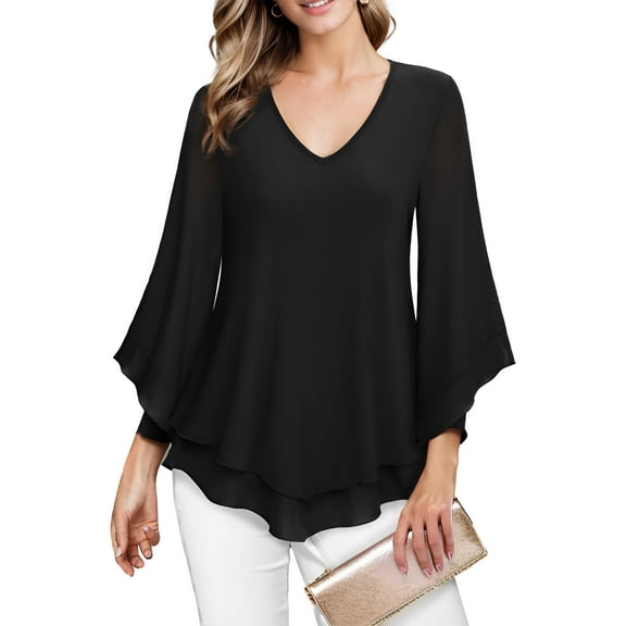 SANOPY Womens Dressy Blouse V-Neck Shirt Ruffle 3/4 Flared Sleeve Tunic Tops