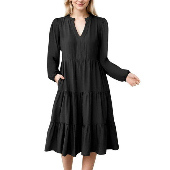 SANOPY Womens Fall Long Sleeve Tunic Dress Casual V Neck Loose Ruffle Tiered Dress Black L
