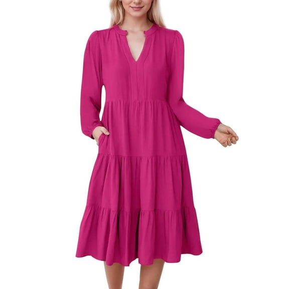 SANOPY Womens Fall Long Sleeve Tunic Dress Casual V Neck Loose Ruffle Tiered Dress Rose Red L