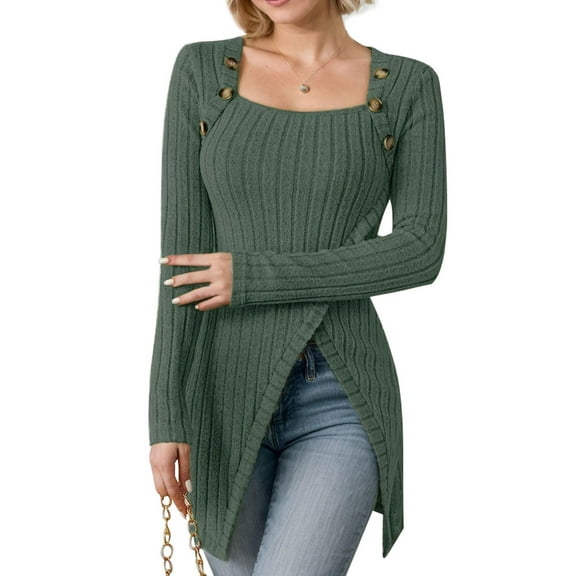 SANOPY Womens Lightweight Asymmetrical Sweaters Square Neck Long Sleeve Shirts Casual Fall Button Decor Tunic Tops