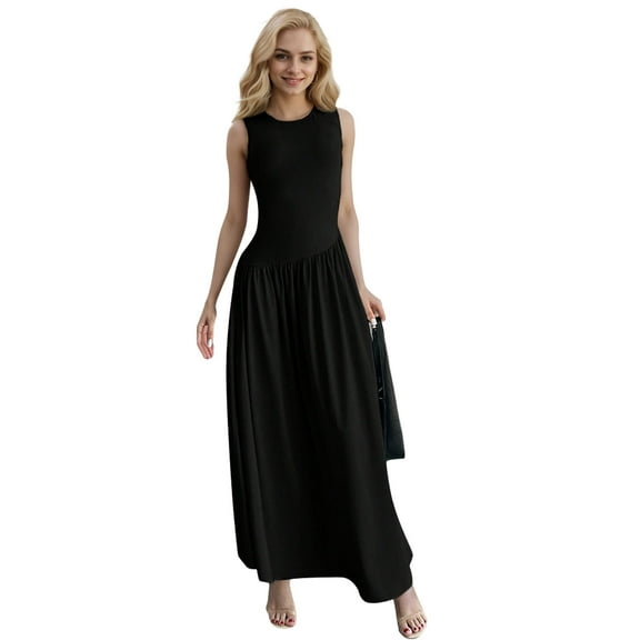 SANOPY Womens Maxi Dress Summer Sleeveless Casual Slim Flowy Pleated Long Dresses Black L