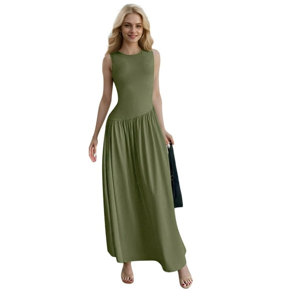 SANOPY Womens Maxi Dress Summer Sleeveless Casual Slim Flowy Pleated Long Dresses Olive Green M