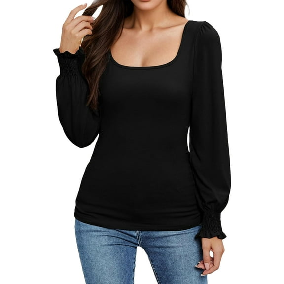 SANOPY Womens Puff Sleeve Tunic Top Square Neck Long Sleeve Blouse in Black L