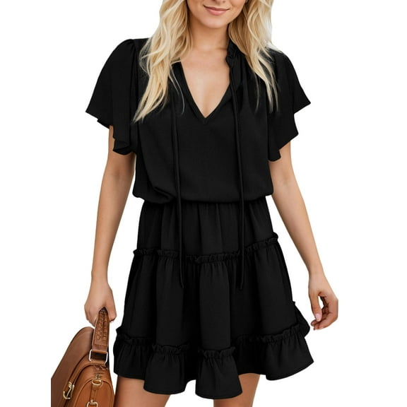 SANOPY Womens Spring Summer Short Sleeve Split V Neck Ruffle Chiffon Elegant Mini Short Skirt Dresses Black L