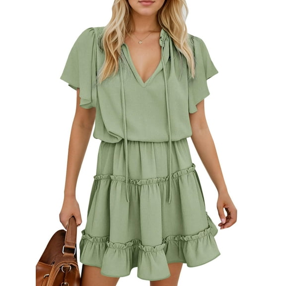 SANOPY Womens Spring Summer Short Sleeve Split V Neck Ruffle Chiffon Elegant Mini Short Skirt Dresses Green L