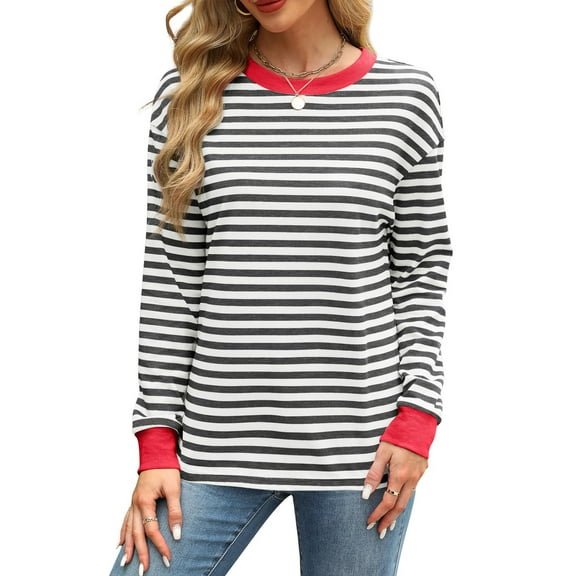 SANOPY Womens Striped Long Sleeve Shirts Fall Outfits 2025 Color Block Tunic Tops Ribbed Crewneck Tee Blouses