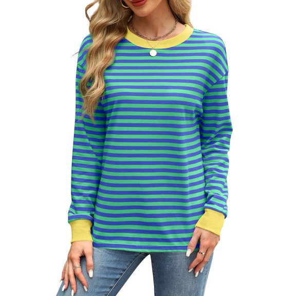 SANOPY Womens Striped Long Sleeve Shirts Fall Outfits 2025 Color Block Tunic Tops Ribbed Crewneck Tee Blouses