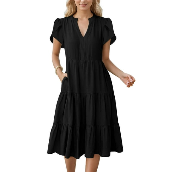 SANOPY Womens Summer Casual Dress Basic Ruffle Sleeve V Neck Midi Dresses Fashion Casual Fit Flowy Tiered Boho Beach Vacation