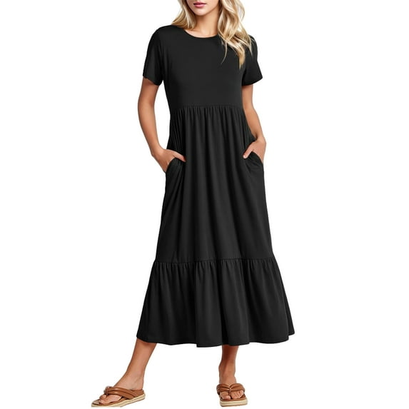 SANOPY Womens Summer Casual Maxi Dress with Pockets Solid Color A line Tiered Flowy Short Sleeve Crewneck T-shirt Beach Travel Long Dresses